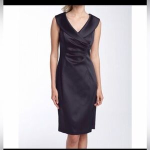 Kay Unger Black Satin V-Neck Midi Sheath Dress